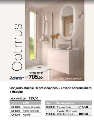 Oferta de Total - Conjunto Mueble 80 Cm 2 Cajones + Lavabo Sobrencimera + Espejo por 705€ en Distriplac