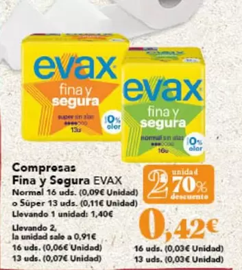 Oferta de Evax - Compresas Fina Y Segura por 1,4€ en Gadis