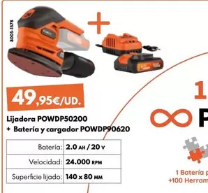 Oferta de Lijadora POWDP50200 + Bateria y cargador POWDP90620 por 49,95€ en BricoCentro