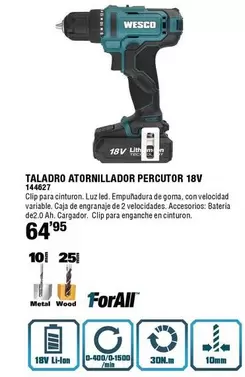 Oferta de Wesco - Taladro Atornillador Percutor 18v por 64,95€ en ferrOkey