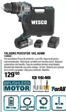 Oferta de Wesco - Taladro Percutor 18v, 60nm por 129€ en ferrOkey