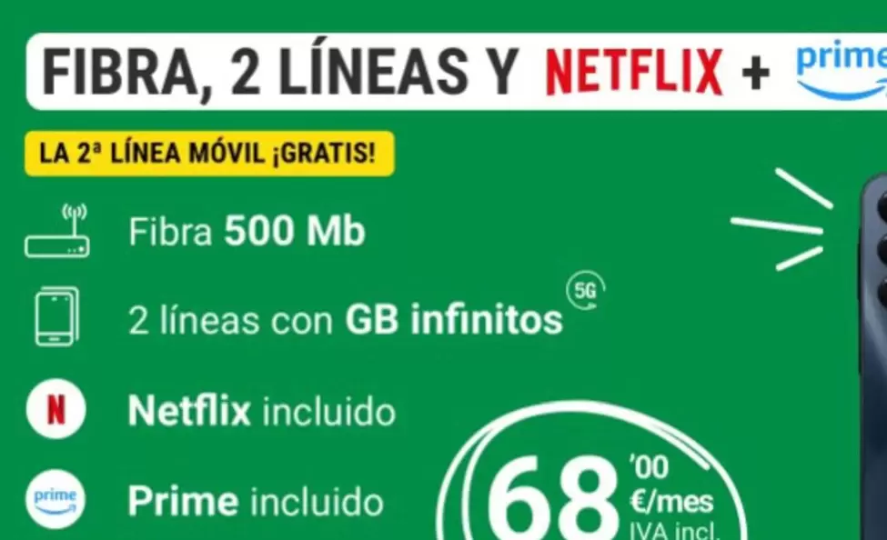 Oferta de Fibra, 2 Líneas Y Netflux + Prime por 68€ en Yoigo