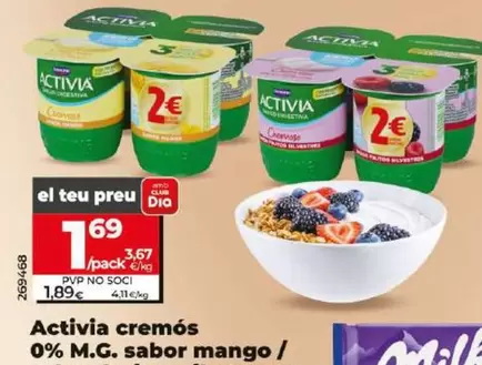 Oferta de Danone - Activia Cremoso 0% M.g. Sabor Mango / Sabor Frutos Silvestres por 1,69€ en Dia