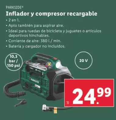 Oferta de Parkside - Inflador Y Compresor Recargable por 24,99€ en Lidl