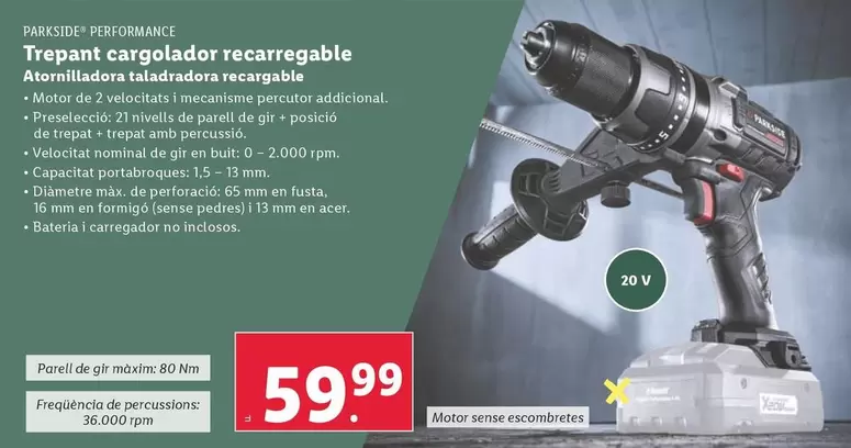 Oferta de Parkside - Atornilladora Taladradora Recargable por 59,99€ en Lidl