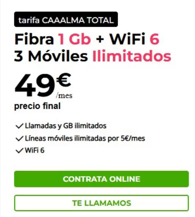 Oferta de Fibra 1 Gb + Wifi 6 3 Móviles Llimitados por 49€ en ADAMO