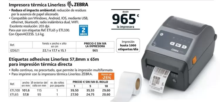 Oferta de Zebra - Impresora Térmica Linerless por 965€ en RAJA