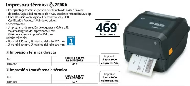 Oferta de Zebra - Impresora Térmica por 469€ en RAJA