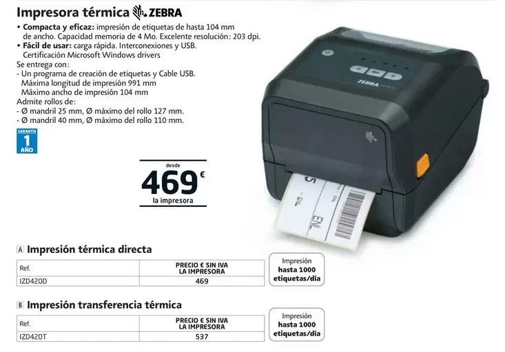 Oferta de Zebra - Impresora Termica por 469€ en RAJA