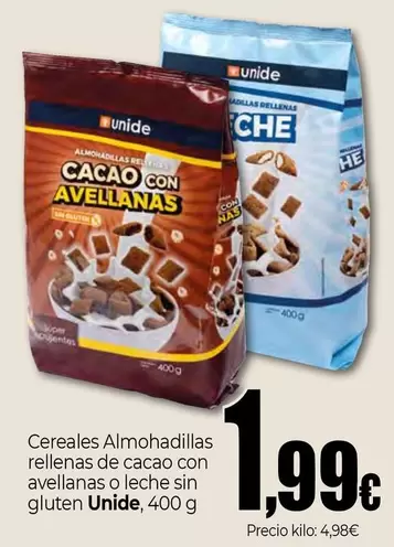 Oferta de Unide - Cereales Almohadillas Rellenas De Cacao Con Avellanas O Leche Sin Gluten por 1,99€ en Unide Market