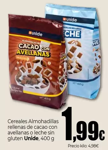 Oferta de Unide - Cereales Almohadillas Rellenas De Cacao Con Avellanas O Leche Sin Gluten  por 1,99€ en Unide Supermercados