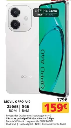 Oferta de OPPO - Móvil A40 256GB18 8GB por 159€ en Dynos Informática