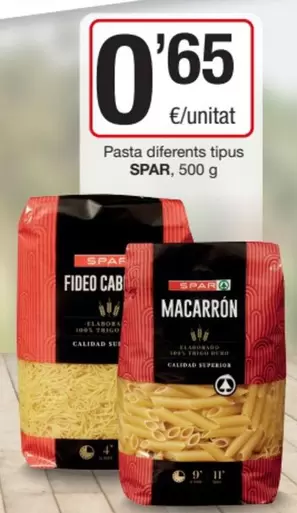 Oferta de Spar - Pasta Diferents Tipus por 0,65€ en SPAR Fragadis