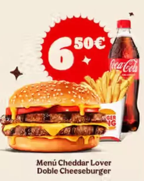 Oferta de Coca-Cola - Menú Cheddar Lover Doble Cheeseburger por 6,5€ en Burger King