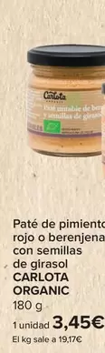 Oferta de Carlota Organic - Pate De Pimiento Rojo O Berenjena Con Semillas De Girasol por 3,45€ en Carrefour