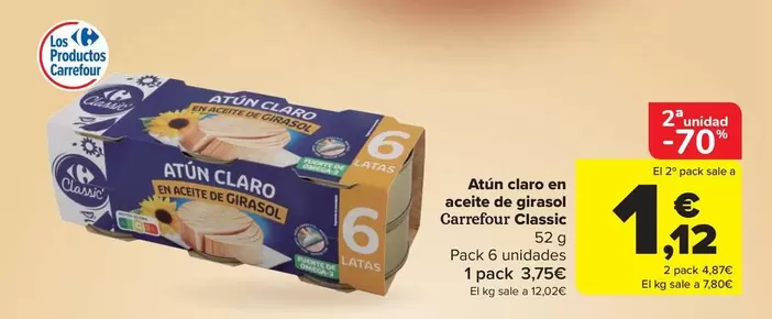 Oferta de Carrefour - Atún Claro En Aceite De Girasol Classic por 3,75€ en Carrefour Market