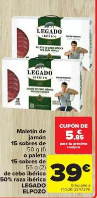 Oferta de Legado ElPozo - Maletín De Jamón 15 Sobres O Paleta 15 Sobres De Cebo Ibérico 50% Raza Ibérica por 39€ en Carrefour Market