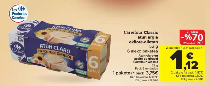 Oferta de Carrefour - Atún Claro En Aceite De Girasol Classic por 3,75€ en Carrefour Market