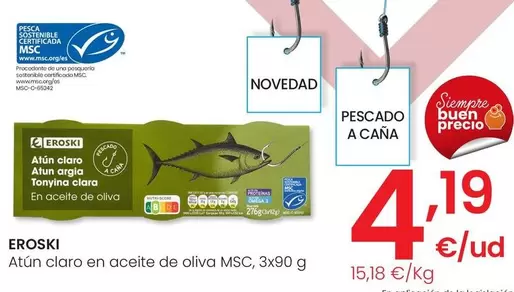 Oferta de Eroski - Atún Claro En Aceite De Oliva MSC por 4,19€ en Eroski