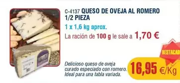 Oferta de Queso De Oveja Al Romero 1/2 Pieza por 16,95€ en Abordo