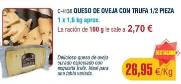 Oferta de Queso De Oveja Con Trufa 1/2 Pieza por 26,95€ en Abordo