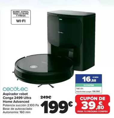 Oferta de Cecotec - Aspirador Robot Conga 2499 Ultra Home Advanced por 199€ en Carrefour