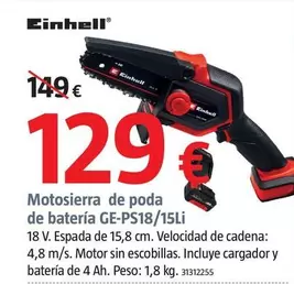 Oferta de Einhell - Motosierra De Poda De Batería GE-PS18/15Li por 129€ en BAUHAUS