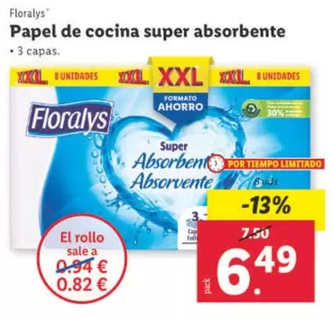 Oferta de Floralys - Papel De Cocina Super Absorbente por 6,49€ en Lidl