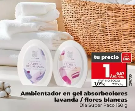 Oferta de Dia Super Paco - Ambientador En Gel Absorbeolores Lavanda/Flores Blancas por 1€ en Dia