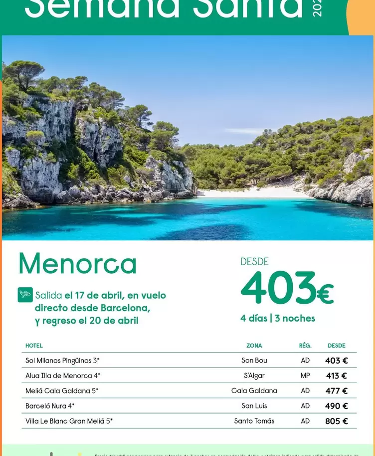 Oferta de Abril - Menorca por 403€ en Travelplan