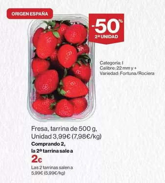 Oferta de Origen - Fresa, Tarrina De 500 G por 3,99€ en Hipercor