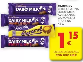 Oferta de Cadbury - Chocolatina Dairy Milk, Avellanas, Caramelo Fruit Nut por 1,15€ en CashDiplo