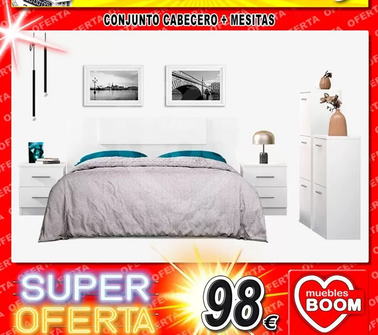 Oferta de Conjunto Cabecero + Mesitas por 98€ en Muebles Boom