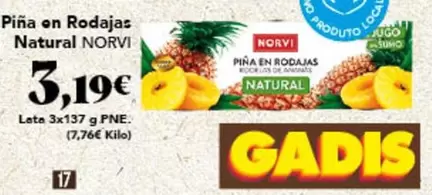 Oferta de Norvi - Piña On Rodajas Natural por 3,19€ en Gadis