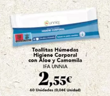 Oferta de Ifa unnia - Toallitas Humedas Higiene Corporal Con Aloe Y Camomilla por 2,55€ en Gadis