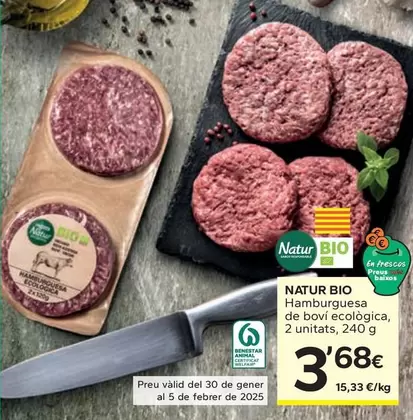 Oferta de Natur Bio - Hamburguesa De Bovíe Ecologica por 3,68€ en Caprabo