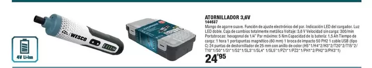 Oferta de Wesco - Atornillador 3,6v  por 24,95€ en Ferrcash