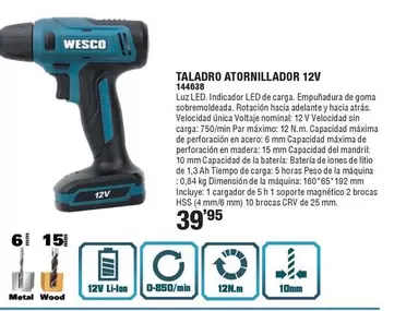 Oferta de Wesco - Taladro Atornillador 12v por 39,95€ en Ferrcash