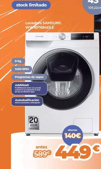 Oferta de Samsung - Lavadora WW90T684DLÉ  por 449€ en Pascual Martí