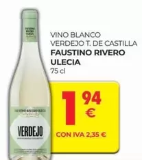 Oferta de Blanco - Vino  Verdejo T. De Castilla Faustino Rivero por 1,94€ en CashDiplo