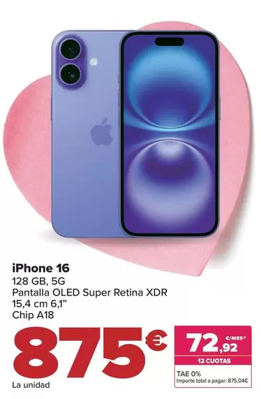 Oferta de Apple - Iphone 16 por 875€ en Carrefour