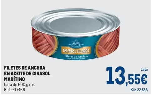 Oferta de Marítimo - Filetes De Anchoa En Aceite De Girasol por 13,55€ en Makro