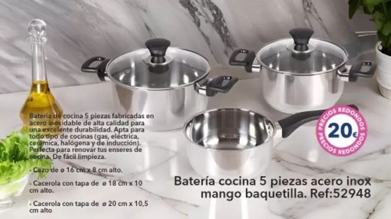 Oferta de Batería Cocina 5 Piezas Acero Inox Mango Baquetilla por 20€ en Tiendas MGI