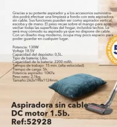 Oferta de Aspiradora Sin Cable Dc Motor 1.5b por 50€ en Tiendas MGI