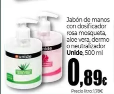 Oferta de Unide - Jabón De Manos Con Dosificador Rosa Mosqueta, Aloe Vera, Dermo O Neutralizador por 0,89€ en UNIDE Alimentación