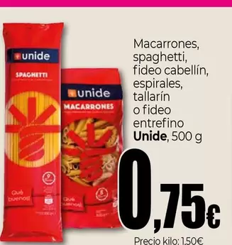 Oferta de Unide - Macarrones, Spaghetti, Fideo Cabellin, Espirales, Tallarin O Fideo Entrefino por 0,75€ en Unide Market