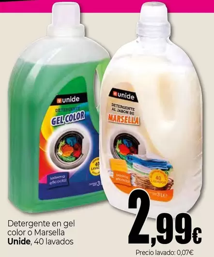 Oferta de Unide - Detergente En Gel Color O Marsella por 2,99€ en Unide Supermercados