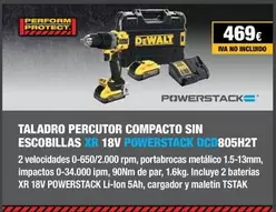 Oferta de Taladro Percutor Compacto Sin Escobillas Xr 18v Powerstack DCD805H2T 2 por 469€ en Dewalt