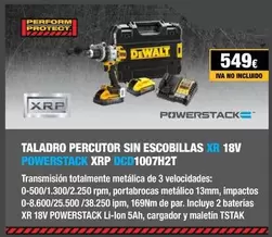 Oferta de Taladro Percutor Sin Escobillas Xr 18v Powerstack DCD1007H2T por 549€ en Dewalt