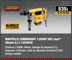 Oferta de Martillo Combinado 1.050w Sds Max®  40mm 6,1J D25481K por 535€ en Dewalt